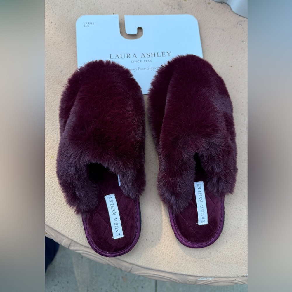 Laura Ashley Burgundy Cozy Faux Fur Slippers